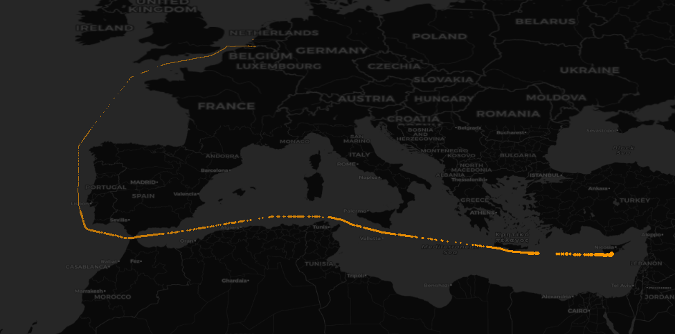 Locations shown by the AIS data for the BEANR to CYLMS journey