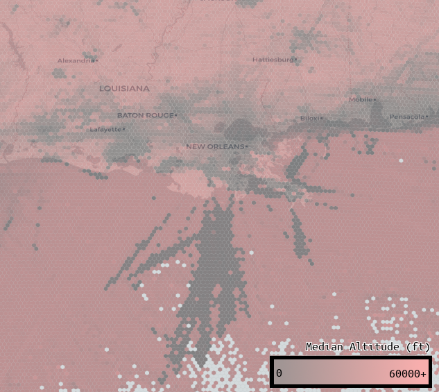 Median aircraft altitude per cell over New Orleans. Helicopters servicing oil rigs carve low altitude paths across the otherwise lofty altitudes of gulf aircraft