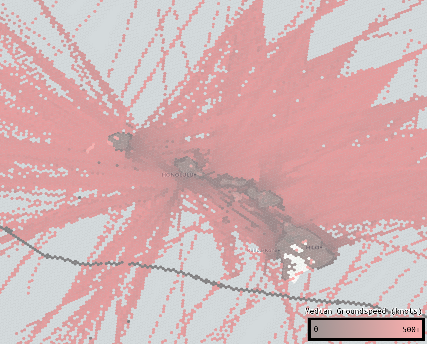 Median groundspeed per cell over Hawaii. Incoming transoceanic flights contrast with inter-island flights and sightseeing helicopters