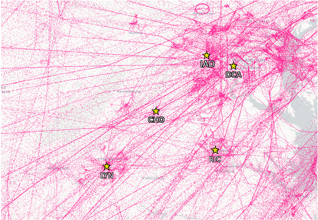 Six hours of airplane point data over Virginia